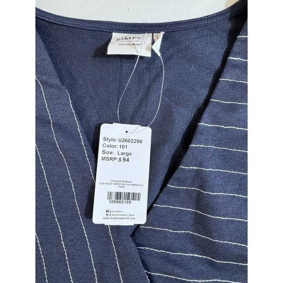Simple by Suzanne Betro Navy Contrast Stitch Three Quarter Kimono Sleeve Tunic L - Picture 3 of 8